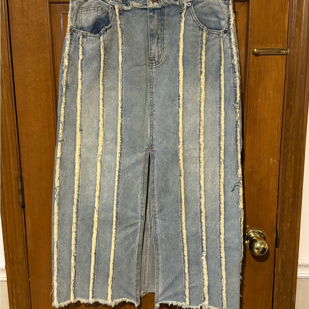 Chic Denim and Cream Striped Maxi Skirt